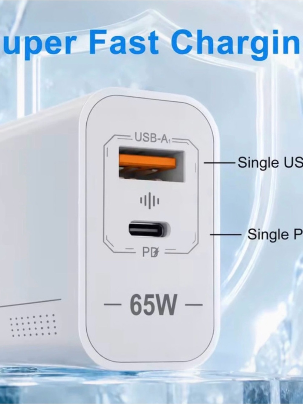 65W Fast USB-A + USB-C Wall Charger – White